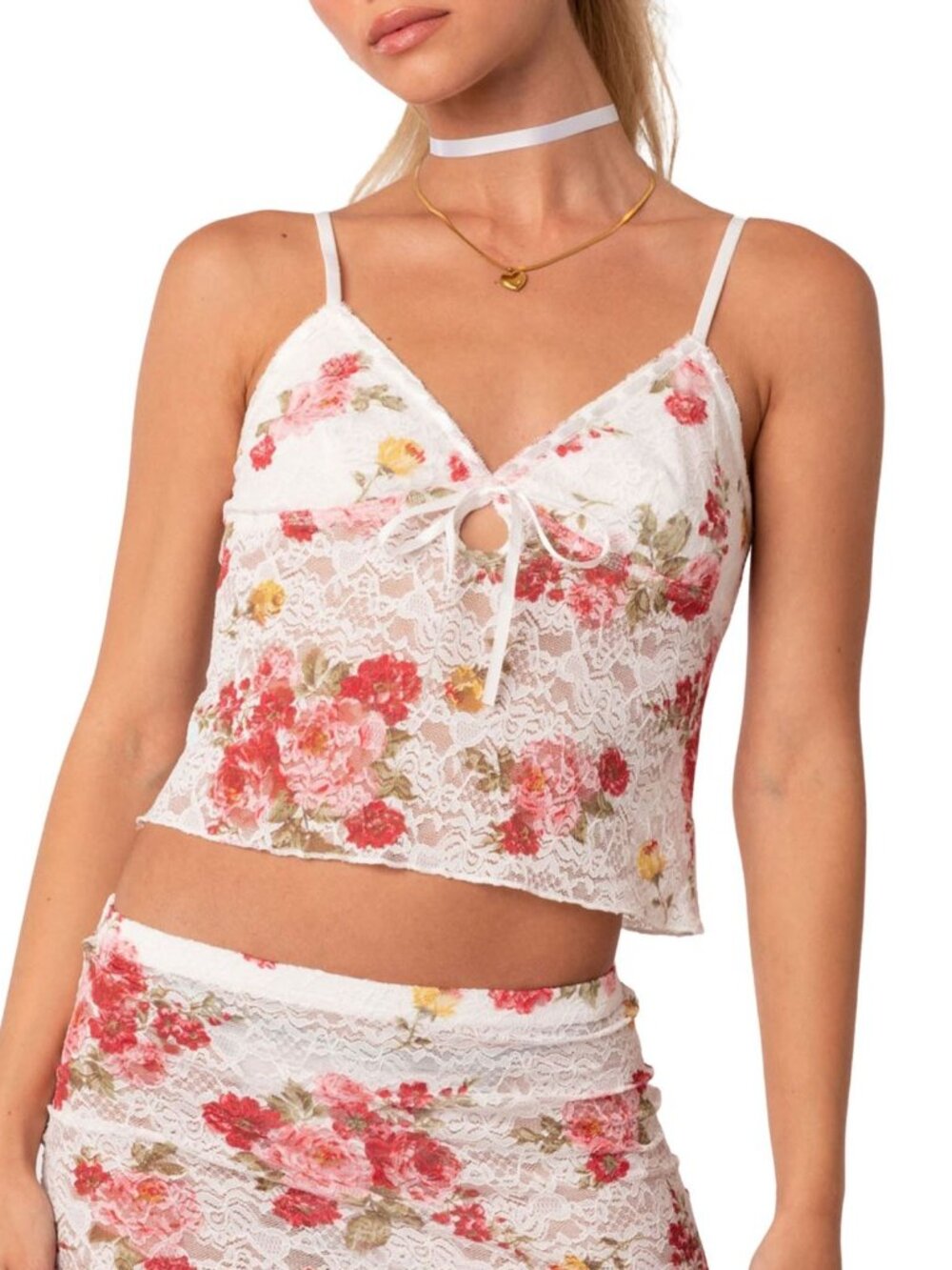 Edikted Floral Lace Cami Top White Pink Bow Size S NWT